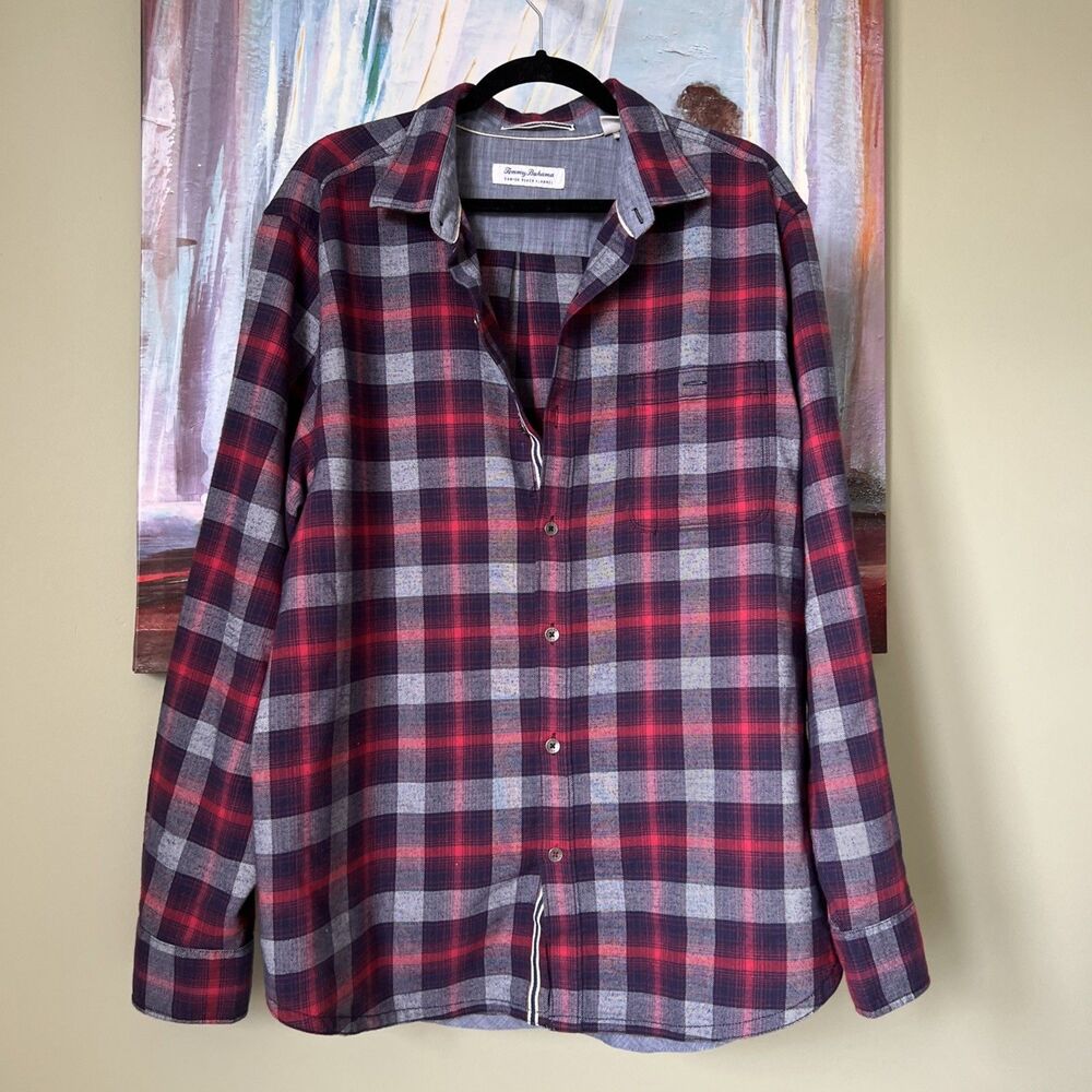 Tommy Bahama XL Men’s Red Grey Plaid Long Sleeve Buttons Shirt Overshirt ECU